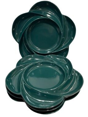 Vintage 1970s German Ceramic Fondue Plates Set (4) - Dark Green Flower Shaped